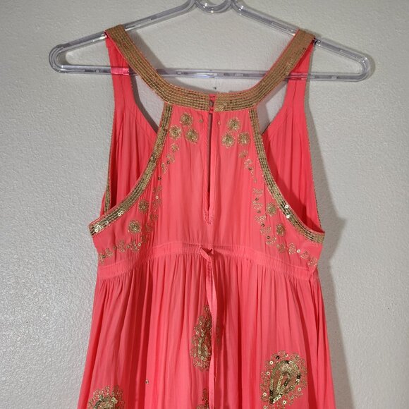 CALYPSO St. Barth Coral & Gold Maxi Dress Embroidered Sequin Sz XS DAMAGED - Picture 11 of 16